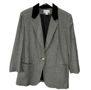 Vintage Block Island Houndstooth Blazer Size 14 Petite Velvet Collar One Button